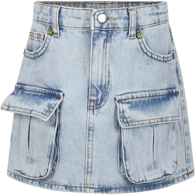 Barrow Kids' Blue Skirt For Girl With Smiley In Denim