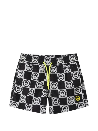 Barrow Kids' Checkerboard-print Smiley-face Swim Shorts In Black