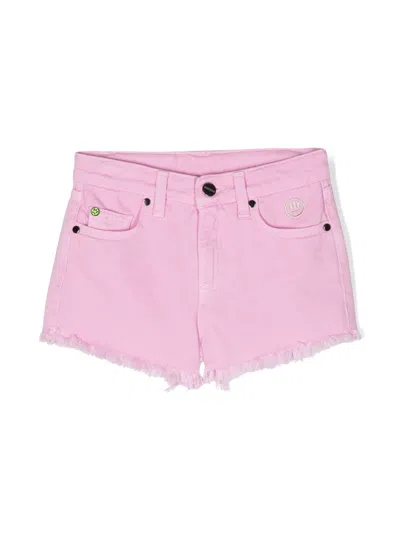 Barrow Kids' Embroidered-logo Frayed-hem Shorts In Pink