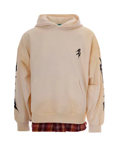 Barrow Relaxed-fit Cotton Hoodie With Tarot Graphic And Check Contrast Hem In Pink
