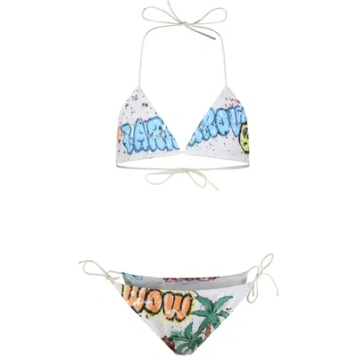 Barrow Kids' Ivory Bikini For Girl With Palm Tree And Smile Print In White