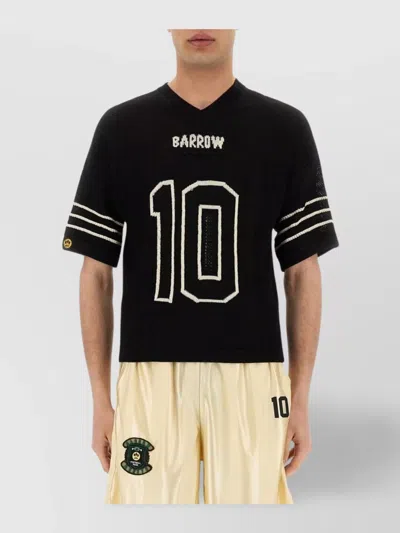Barrow Number Print V-neck Striped Sleeve T-shirt