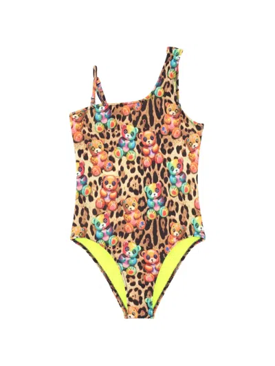 Barrow Kids' One-shoulder Animal Print Swimsuit In Brown