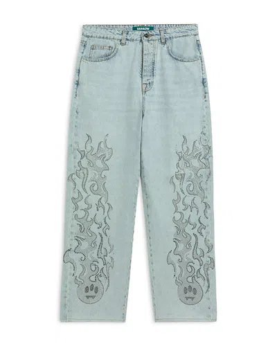 Barrow Relaxed Fit Flame Print Jeans In Sky Blue Denim