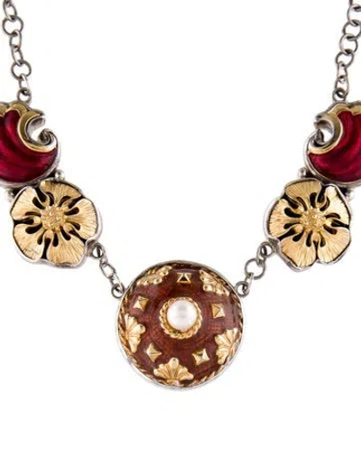 Pre-owned Barry Brinker Enamel, Resin & Faux Pearl Collar Necklace, 16" In Multi