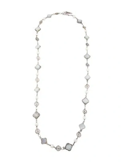 Pre-owned Barry Brinker Mother Of Pearl & Pearl Quatrefoil Station Necklace, 40" In Multi