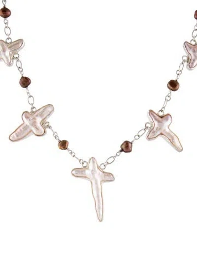Pre-owned Barry Brinker Pearl Cross Station Necklace, 18" In Multi