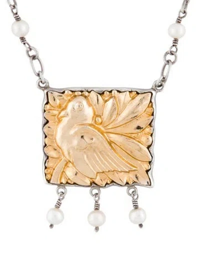 Pre-owned Barry Brinker Two-tone Pearl Bird Pendant Necklace, 16" In Multi