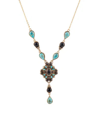 Barse Barcelona Black Onyx And Blue Turquoise Golden Y-necklace In Multi