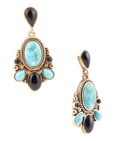Barse Barcelona Blue Turquoise And Black Onyx Post Drop Golden Earrings