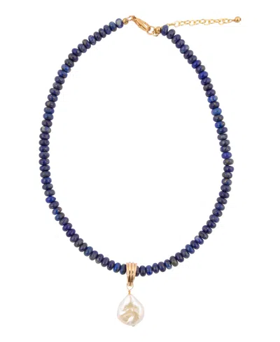 Barse Blue Lapis And White Imitation Pearl Pendant Necklace