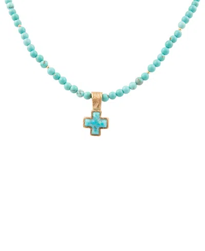 Barse Blue Turquoise Cross Golden Pendant Necklace