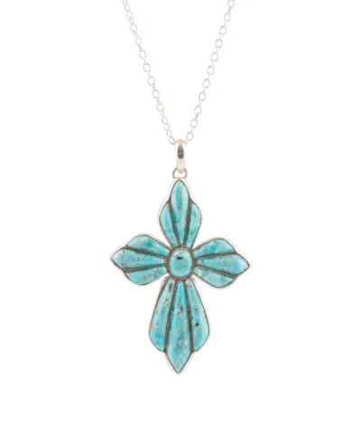 Barse Blue Turquoise Cross Pendant Silver Necklace