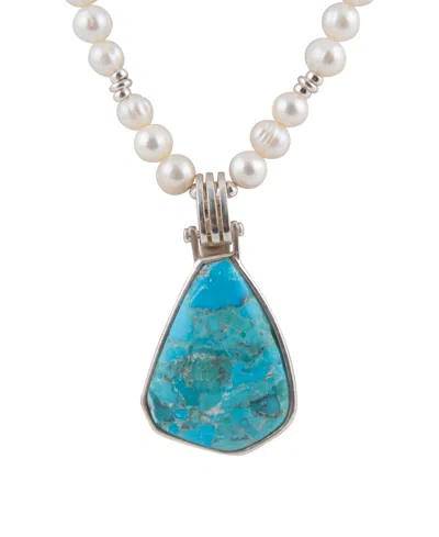 Barse Blue Turquoise Pendant And White Pearl Silver Necklace