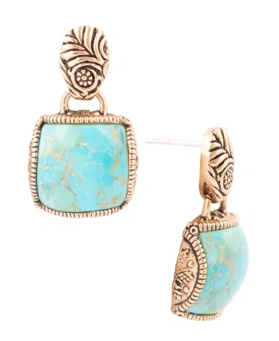 Barse Carved Blue Turquoise Golden Square Drop Earrings In Genuine Turquoise
