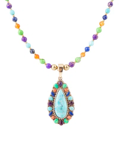Barse Concho Colorful Blue Turquoise Golden Pendant Necklace In Multi