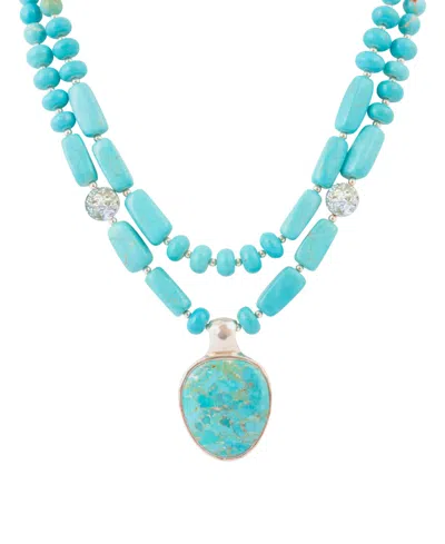Barse Double Stranded Blue Turquoise Silver Statement Pendant Necklace