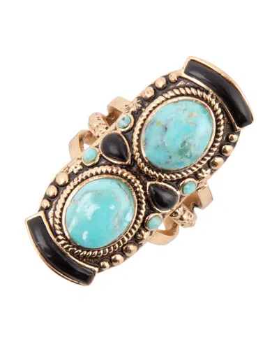 Barse Double Up Blue Turquoise And Black Onyx Golden Ring In Multi