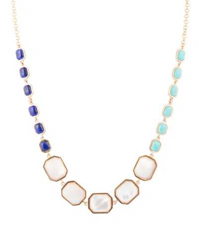 Barse Dual Color Blue Lapis Turquoise And White Mother Of Pearl Golden Octagon Necklace In Genuine Apatite,mother Of Pearl,turquo