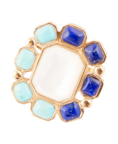 Barse Dual Color Blue Lapis Turquoise And White Mother Of Pearl Golden Octagon Ring In Genuine Apatite,mother Of Pearl,turquo