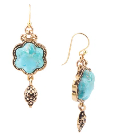 Barse Flower Genuine Blue Turquoise Golden Drop Earrings In Genuine Turquoise