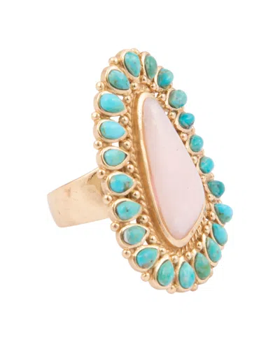 Barse Genuine Pink Opal And Genuine Blue Turquoise Cactus Rose Statement Ring