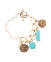 Barse Genuine Turquoise Magnesite And White Cultivated Pearl Multi Charm Bracelet