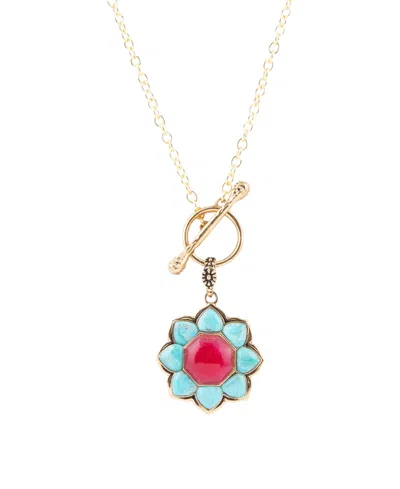 Barse Gold-tone Red Quartz And Blue Turquoise Pendant Necklace In Multi