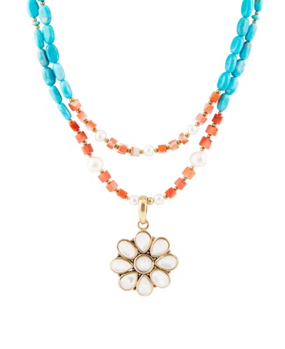 Barse Hibiscus Genuine Multi Stone Mother Of Pearl Bronze Flower Pendant Necklace In Genuine Mother Of Pearl,genuine Coral