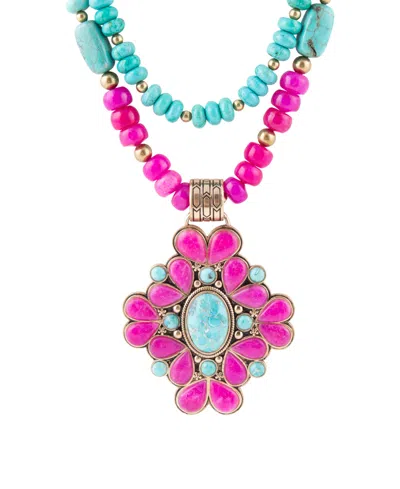 Barse Imitation Pearl, Blue Turquoise And Brown Smoky Quartz Layered Barcelona Pendant Necklace In Pink