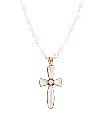 Barse Imitation Pearl Cross Las Cruces Pendant Necklace In Orange