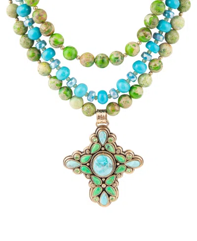 Barse Legacy Lime Green And Blue Turquoise Golden Cross Pendant Statement Necklace In Multi