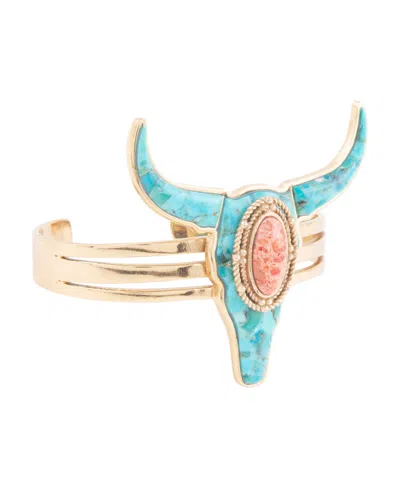 Barse Longhorn Blue Turquoise Golden Cuff Bracelet In Silver