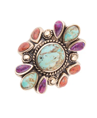 Barse Multi-stone Turquoise And Coral Painted Canyon Gold-tone Ring