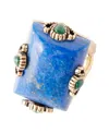 Barse Prismatic Blue Lapis And Malachite Golden Square Ring In Genuine Lapis And Malachite