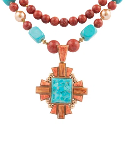 Barse Santa Fe Blue Turquoise Golden Cross Pendant Necklace In Multi