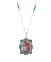 Barse Scenic Red Florals Blue Apatite Golden Pendant Necklace In Genuine Apatite