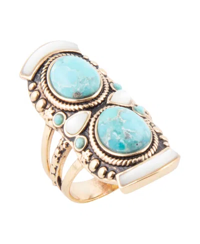 Barse Turquoise And Imitation Pearl Gold-tone Statement Handcrafted Ring