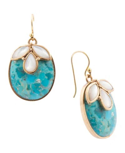 Barse Turquoise And White Mother Of Pearl And Blue Turquoise Petal Golden Drop Earrings In Multi