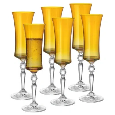 Barski - Amber Color - Champagne Glass - Set Of 6 - Flute - 8 Oz.- Made In Europe In Yellow