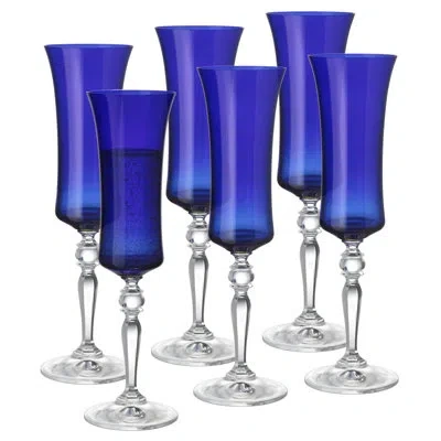 Barski - Blue Color - Champagne Glass - Set Of 6 - Flute - 8 Oz.- Made In Europe