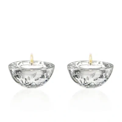 Barski Glass - Tea Light Candle Holder - Set Of 2 -leaf Design- 3.5" Diameter In Clear