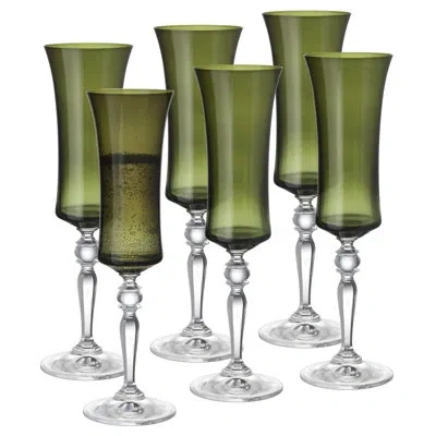 Barski - Green Color - Champagne Glass - Set Of 6 - Flute - 8 Oz.- Made In Europe