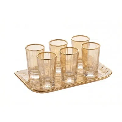Barski Shot Glass With Tray, Amber With Gold Rim, 2 Oz., Set Of 6