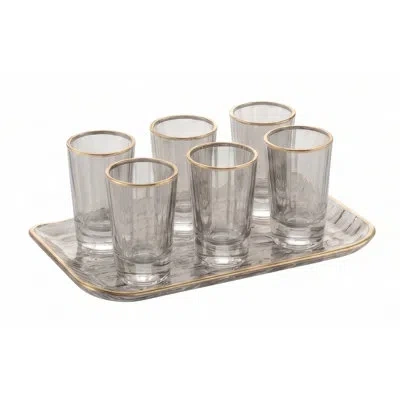 Barski Shot Glass With Tray, Gray With Gold Rim, 2 Oz., Set Of 6 In Neutral