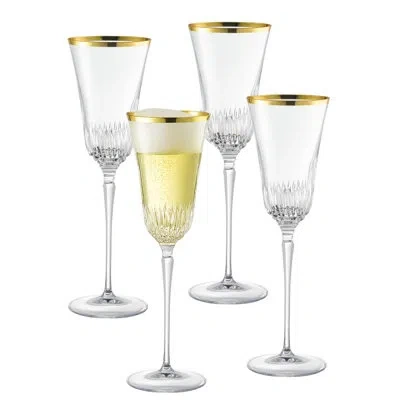 Barski Toasting Flute Glass - Champagne - Flutes - Set Of 4 Crystal Glasses - With Shiny Gold Rim -  Weddin In Clear