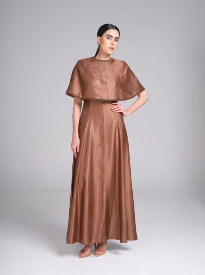 Baruni Alya Dress – Metallic Cape Maxi Evening Gown In Bronze
