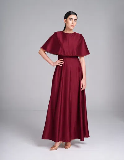 Baruni Alya Dress – Metallic Cape Maxi Evening Gown In Maroon