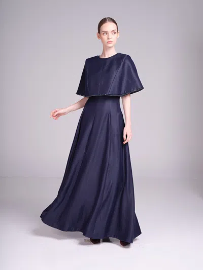 Baruni Alya Dress – Metallic Cape Maxi Evening Gown In Navy