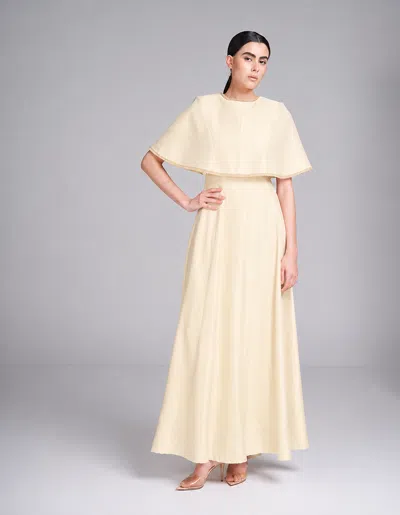 Baruni Alya Dress – Metallic Cape Maxi Evening Gown In Off White